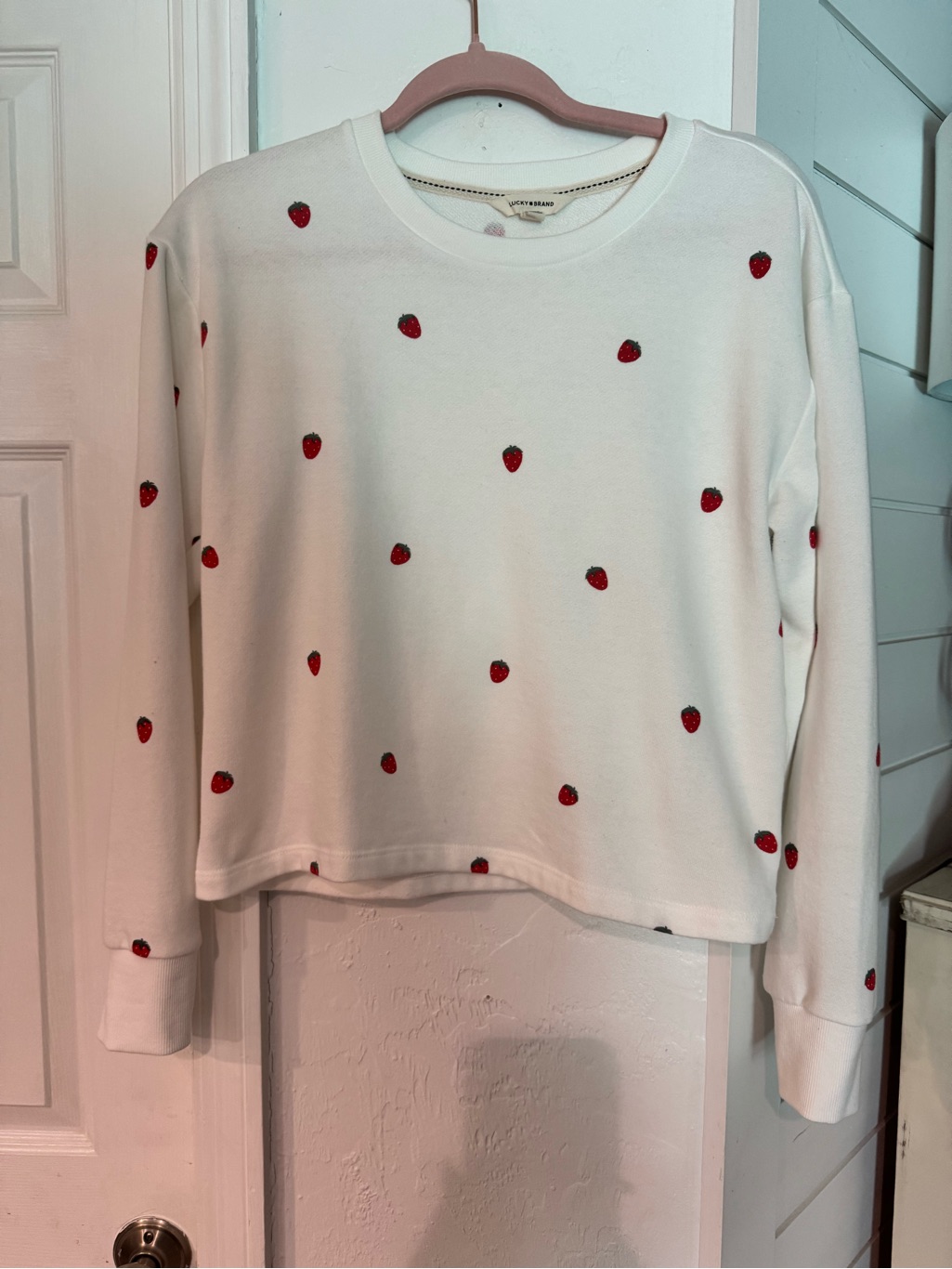 Lucky Brand White Sweatshirt With Red Strawberry Embroidery